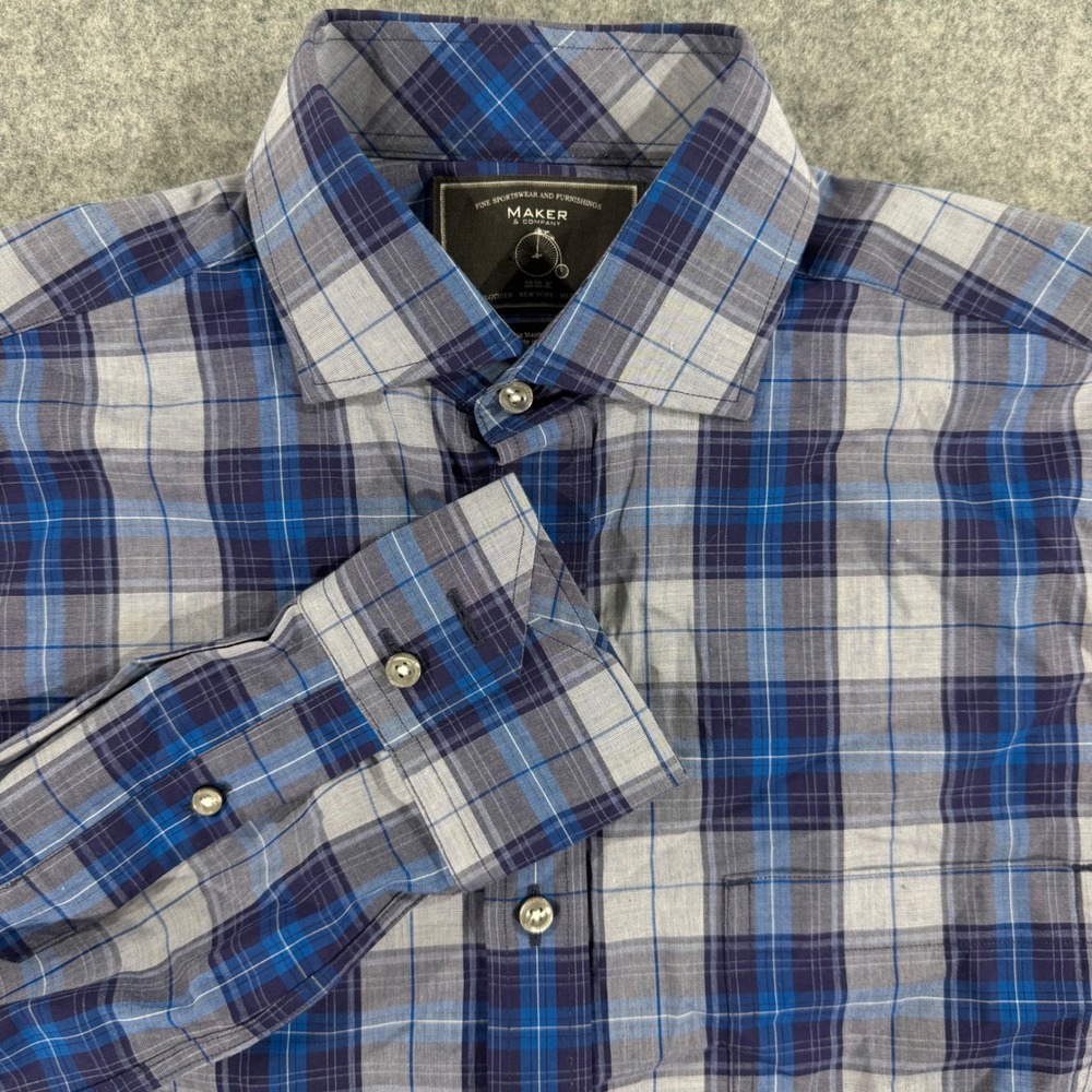 Maker & Company Mens Blue Grey Plaid Long Staple Cotton Button Down Shirt Small